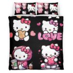 Hello Kitty Schwarzer Hintergrund und Rosa Kitty Kinderbettwäsche – Bettwäsche