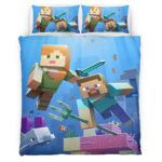 Minecraft Steve und Alex unter Ozean Biom Kampf Wächter Kinderbettwäsche – Bettwäsche