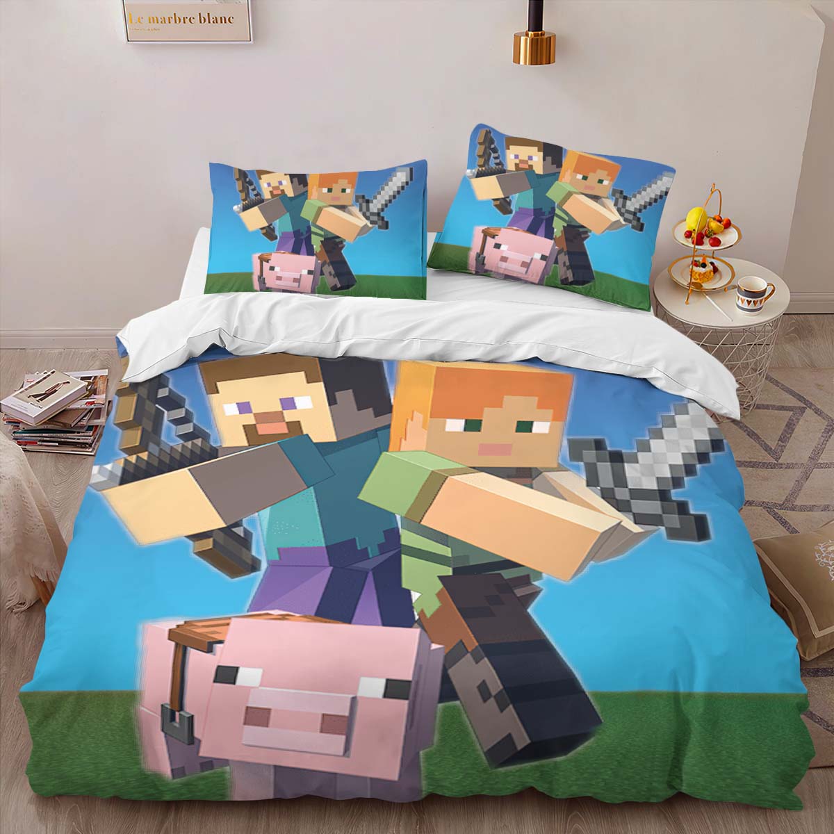 Minecraft Steve mit Schwein Gaming Zimmer Kinderbettwäsche – Bettwäsche – Bild 2
